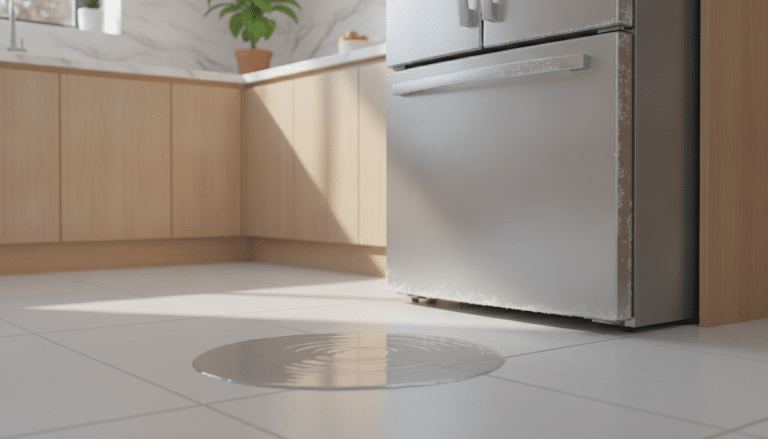 Stainless steel refrigerator with frost and water puddle on kitchen tile floor in daylight