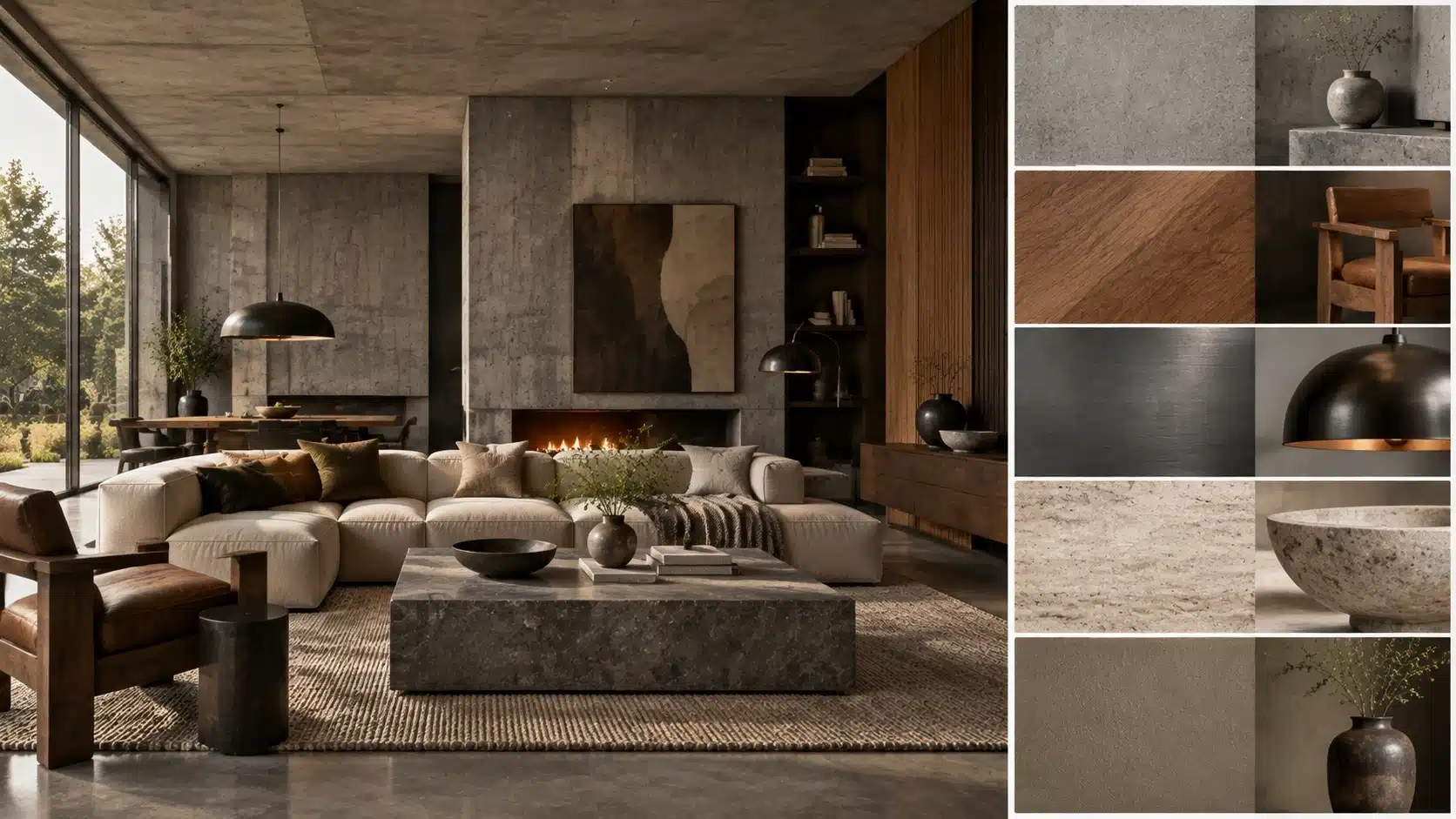 This is a six-panel image of concrete as the signature material of brutalist design, adding a raw architectural feel to walls, floors, and ceilings