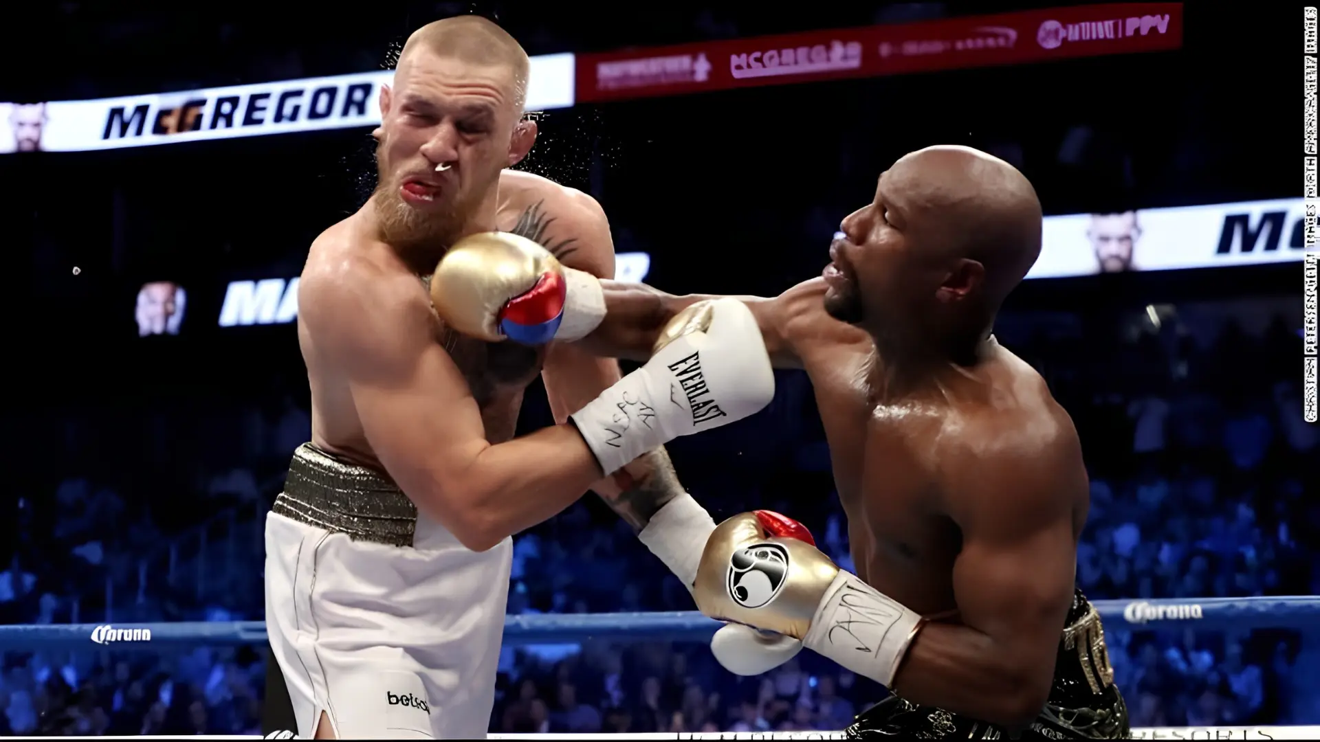 Conor McGregor faces Floyd Mayweather during their 2017 boxing match.