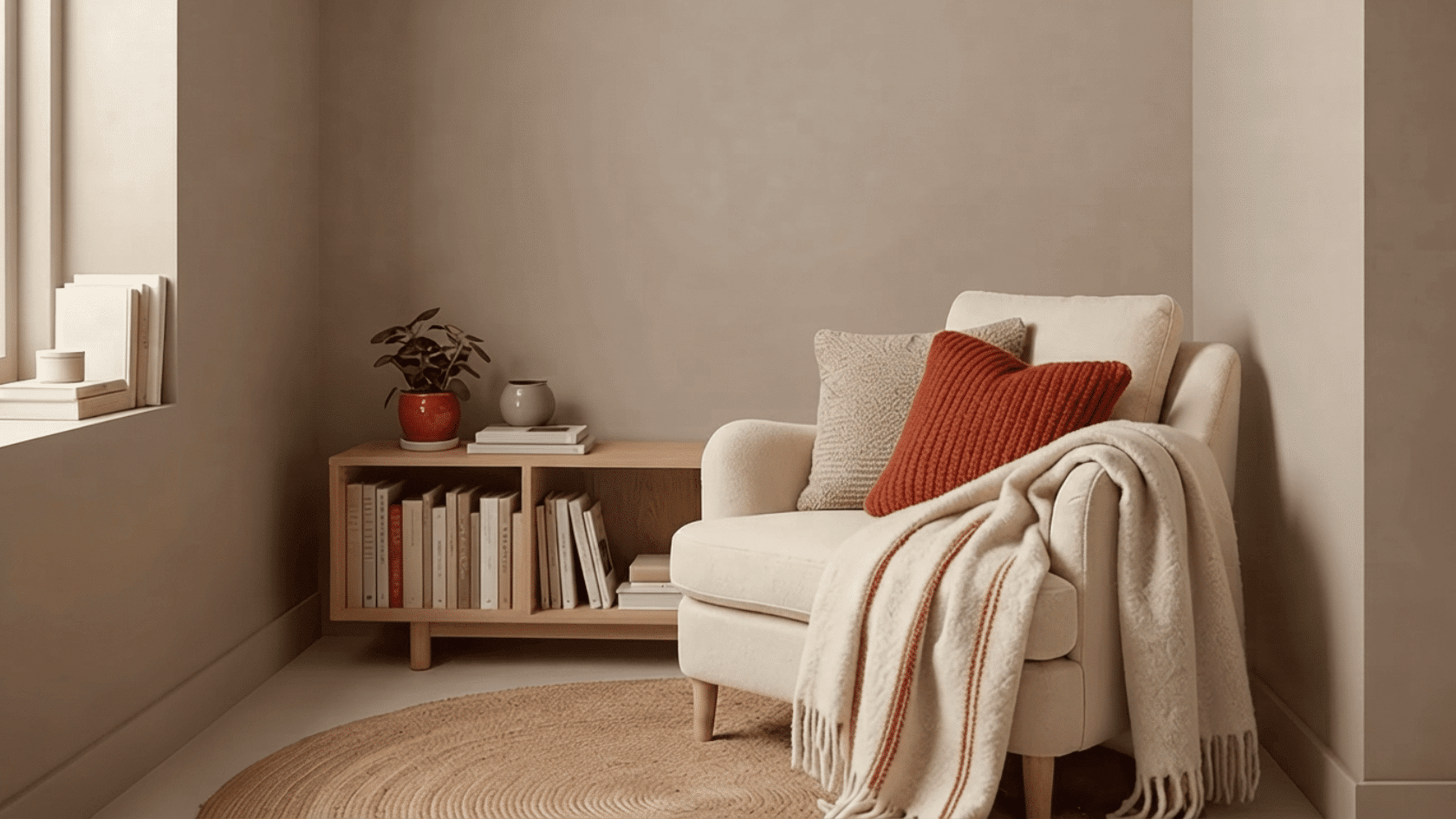 Reading nook with an armchair, soft throw blanket, cushions, and a small side table next to a window.
