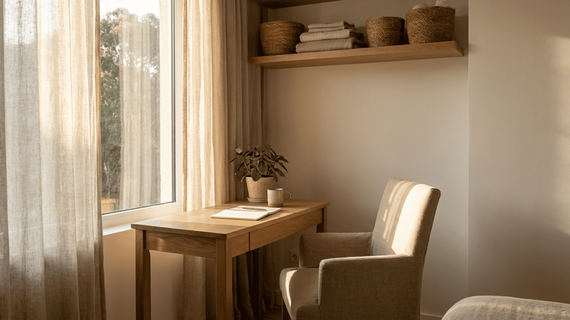 Wooden desk and comfortable chair positioned by a sunlit window with floating shelves and notebooks.