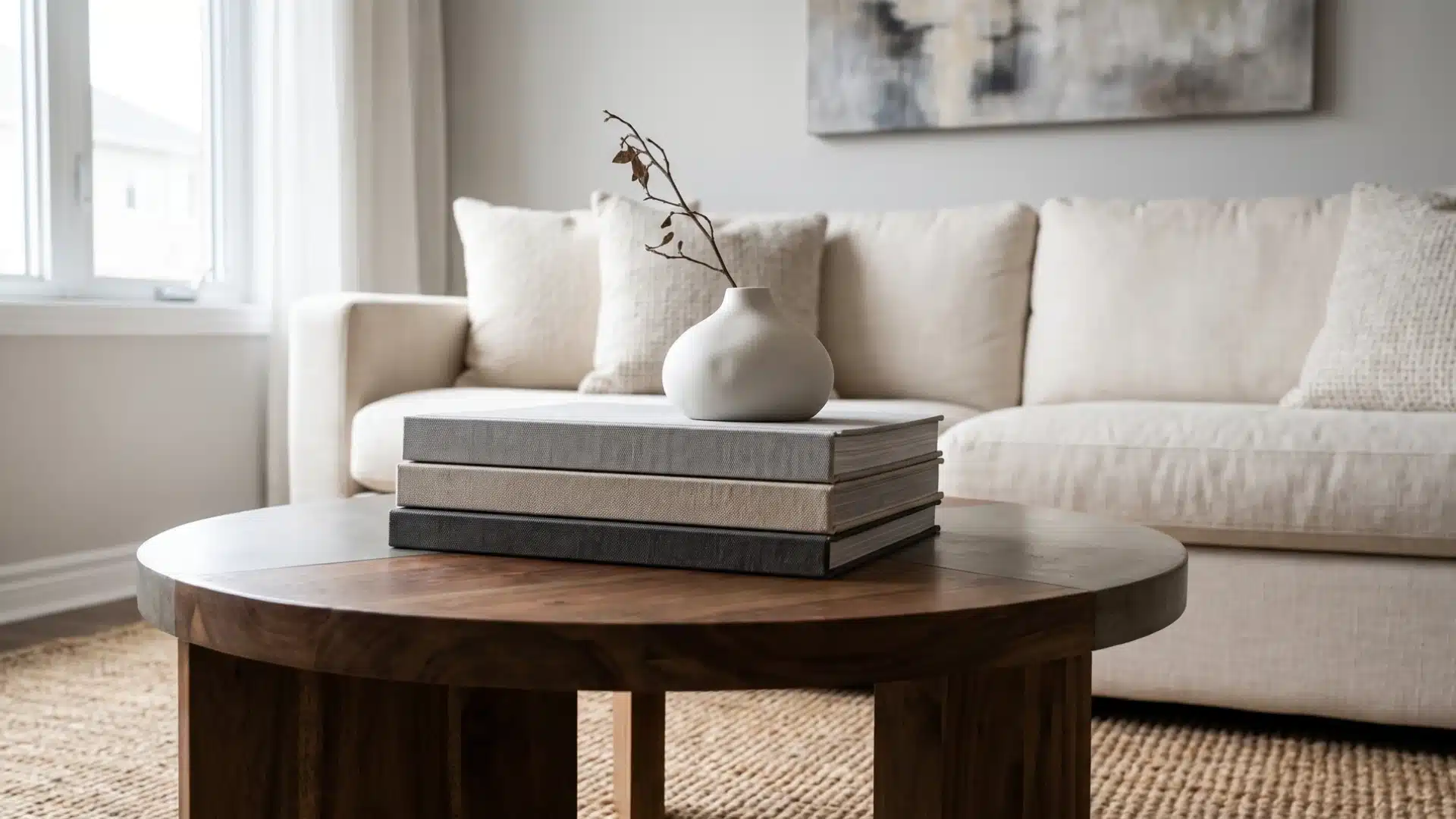 Modern coffee table styled with stacked books and a ceramic vase in a neutral living room.