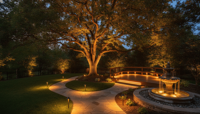 Large oak tree illuminated by pathway lights in a backyard with wooden deck and fountain