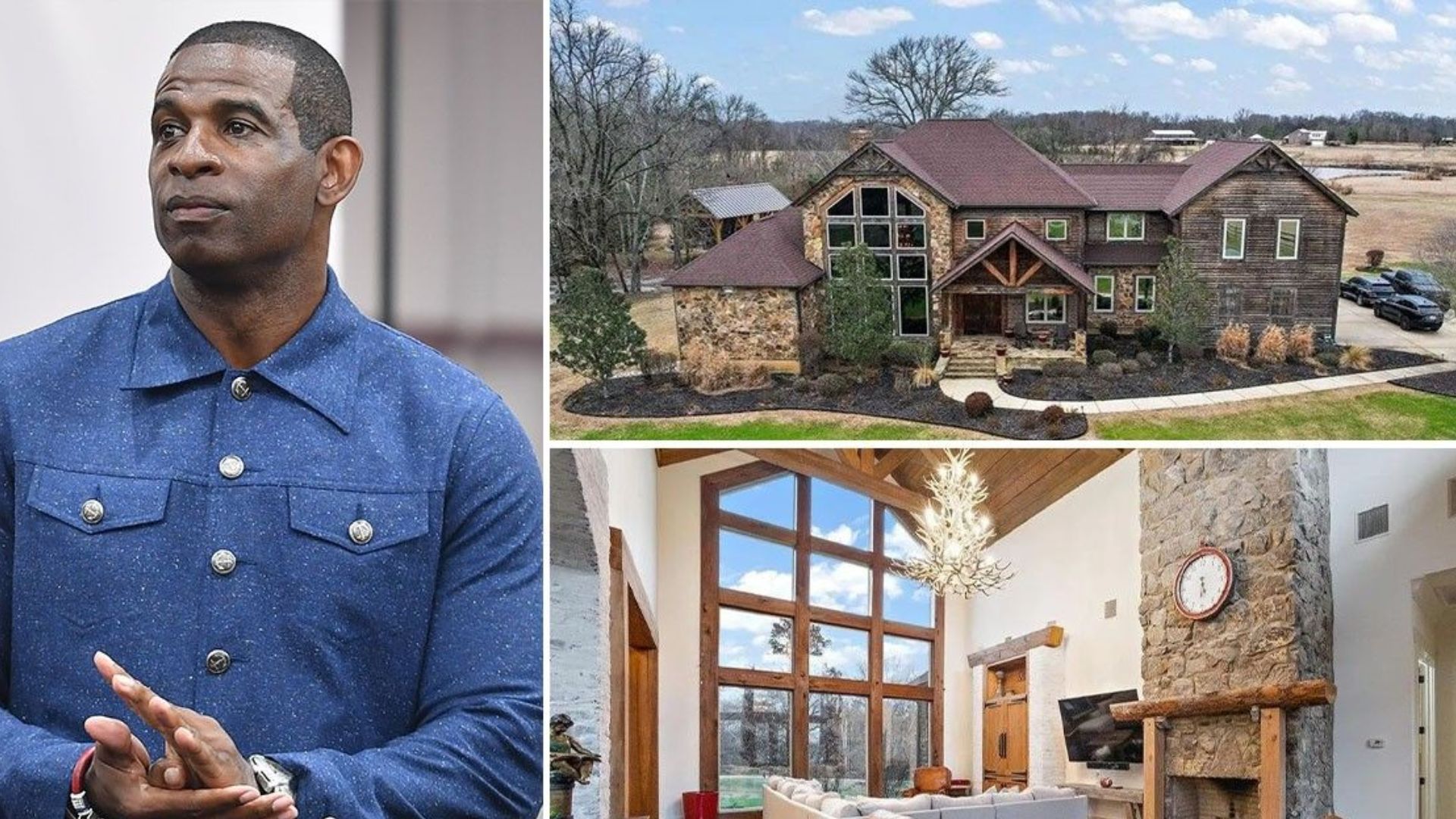 Deion Sanders with luxury home exterior and interior views showing his real estate holdings.