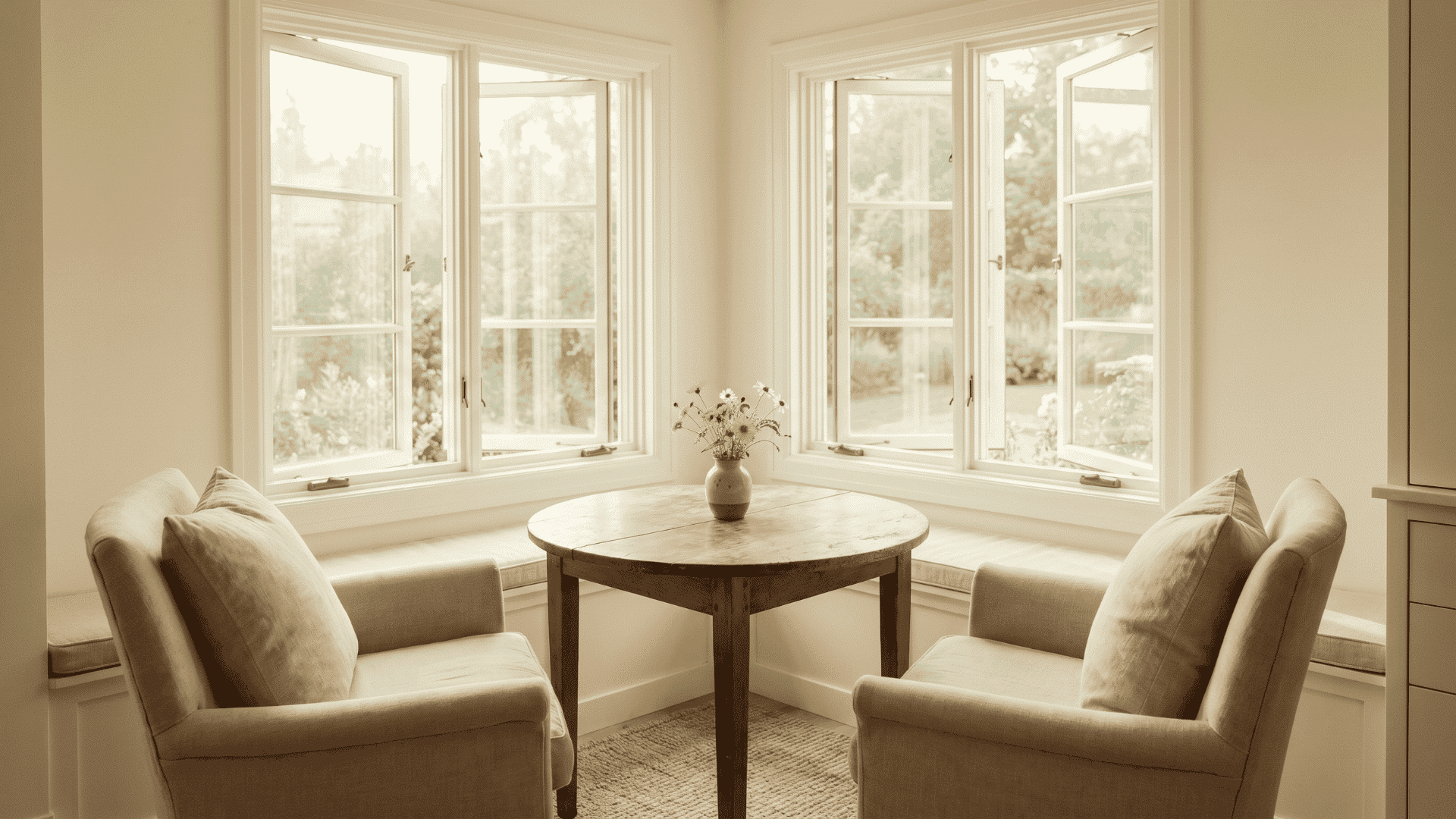 Bright breakfast nook featuring a round dining table, chairs, and a flower vase near large sunlit windows.