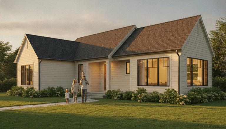Family walking outside modern single-story suburban house with large windows and manicured garden