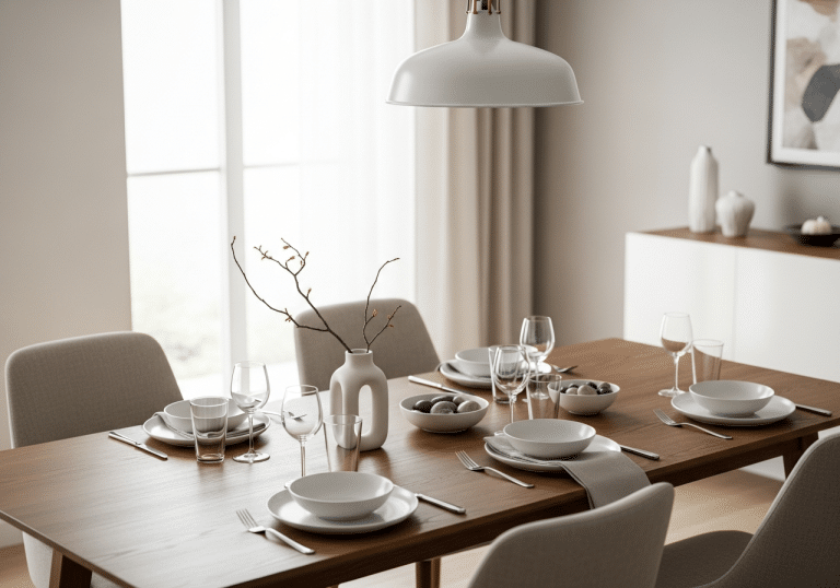 Modern dining table set with white dishes and glasses in elegant dining room with neutral tones