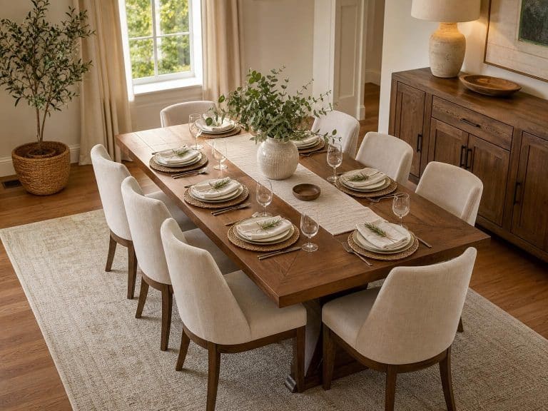 Elegant dining room with wooden table set for dinner, white chairs, and large potted plant