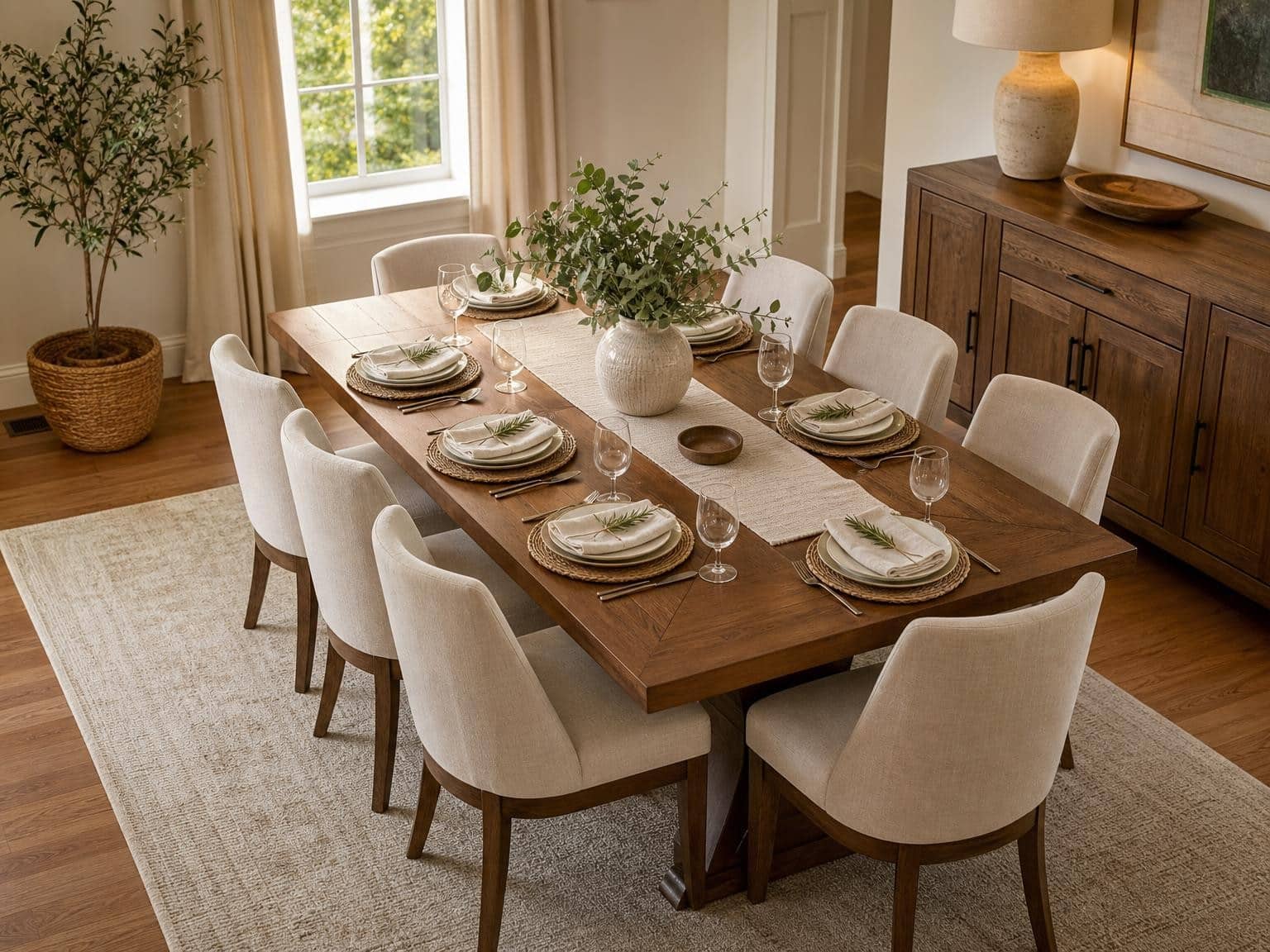 Elegant dining room with wooden table set for dinner, white chairs, and large potted plant