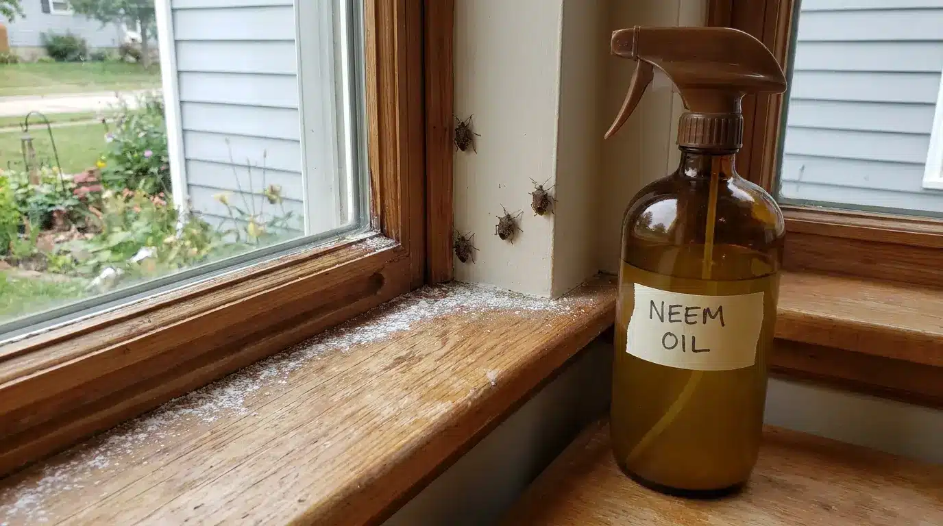 Diatomaceous earth spread along a wooden windowsill beside neem oil spray, with stink bugs gathered near the window frame.