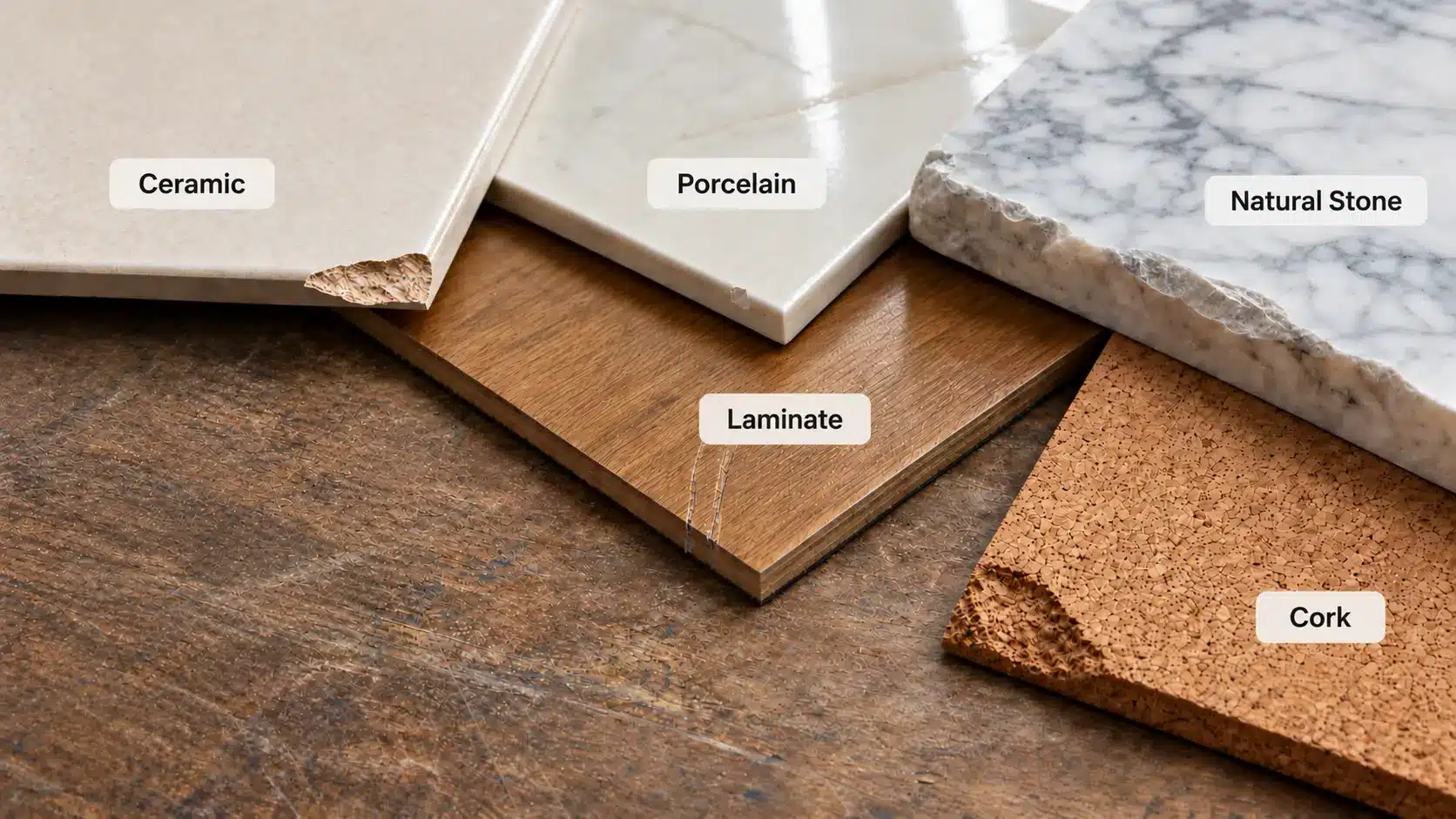 Labeled samples of ceramic, porcelain, natural stone, laminate, and cork flooring showing chipped and damaged edges.