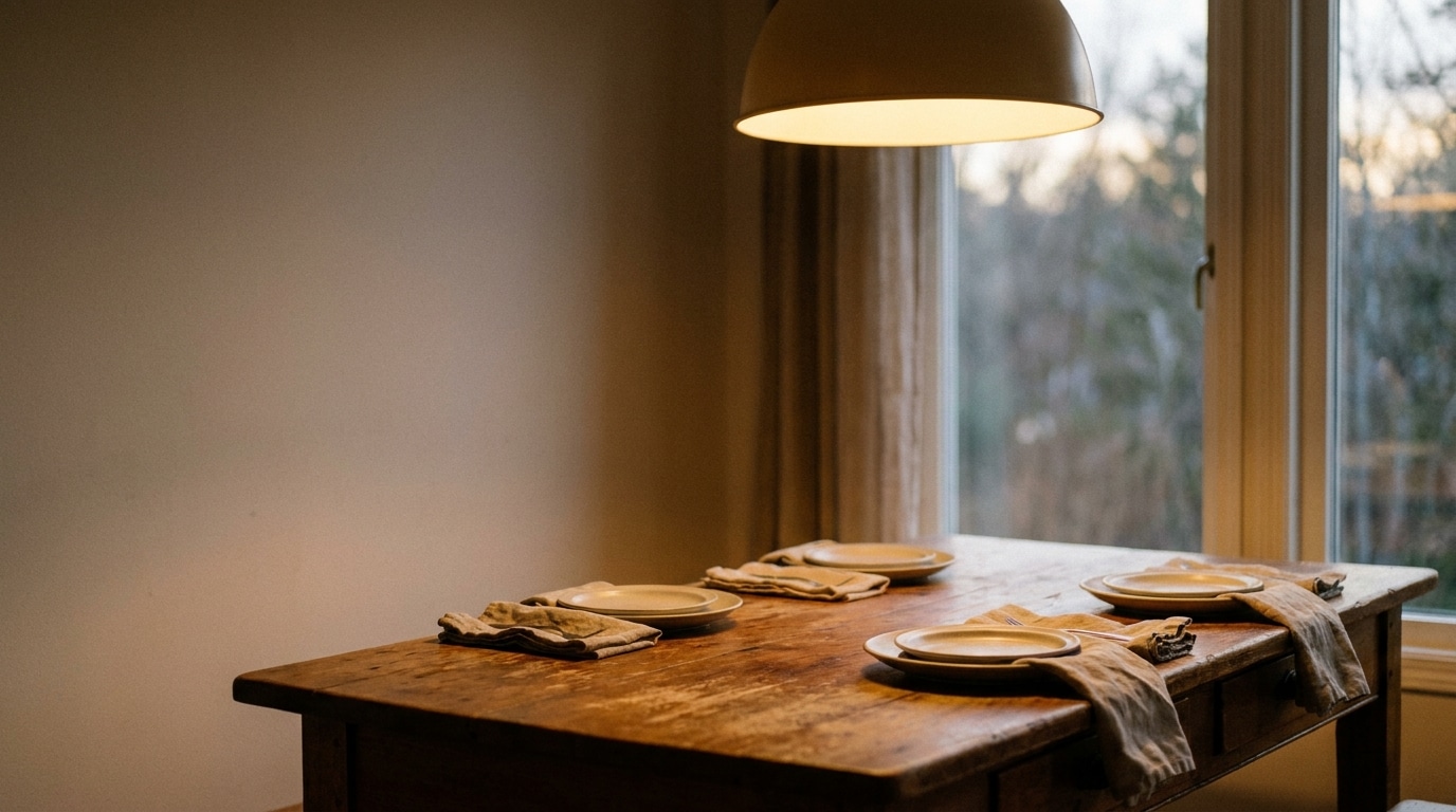 Plates and napkins set on rustic wooden dining table under pendant light