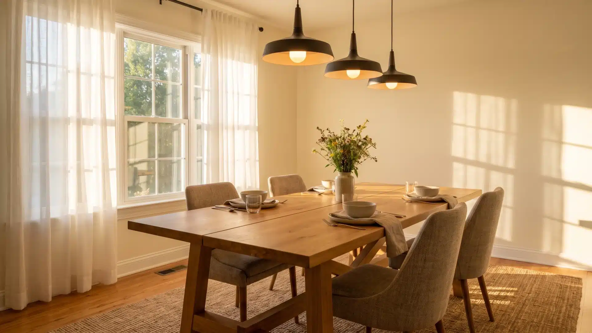  Dining room with south-facing window providing warm natural light during meals.