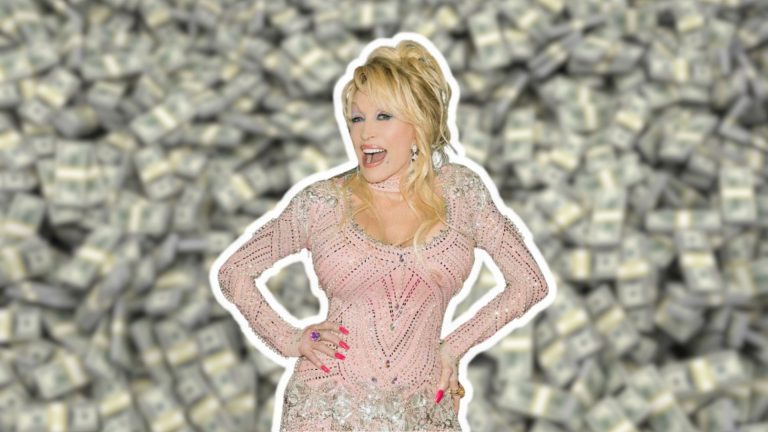 Dolly Parton posing in front of a background filled with dollar Notes.
