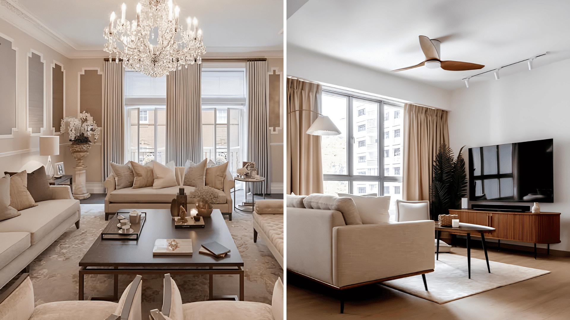 Split view comparing a formal drawing room with elegant seating and a modern casual living room with a TV and ceiling fan.