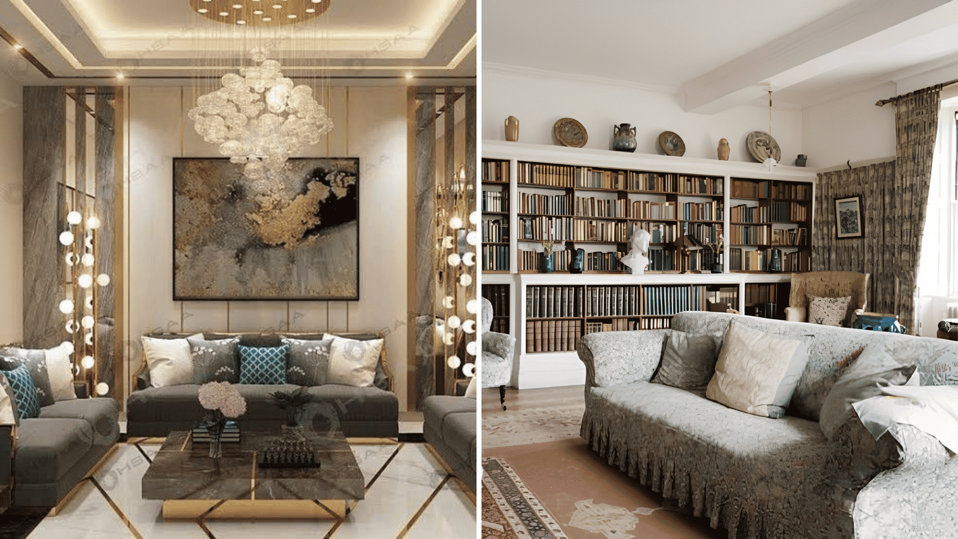 Comparison showing a formal drawing room for evening hosting and a sunlit morning room with natural light.