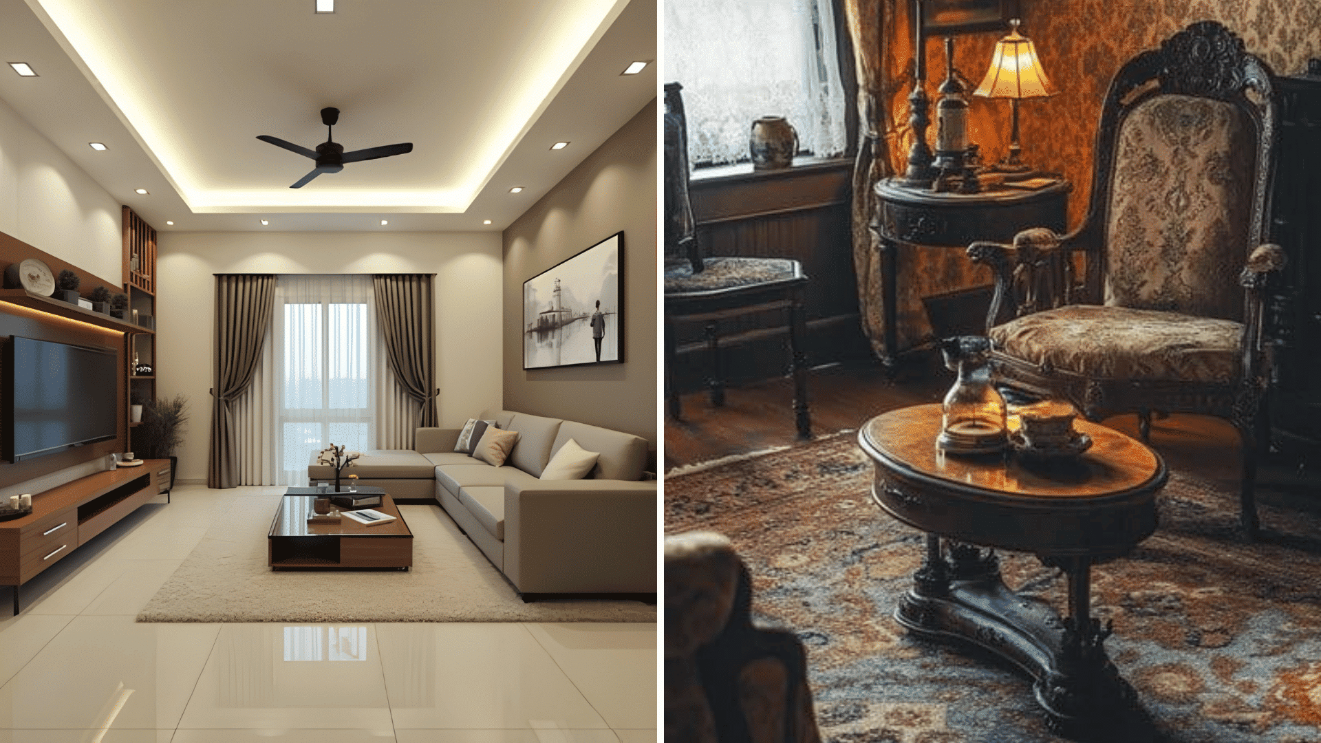 Side-by-side comparison of a modern formal drawing room and a classic antique-style parlor.