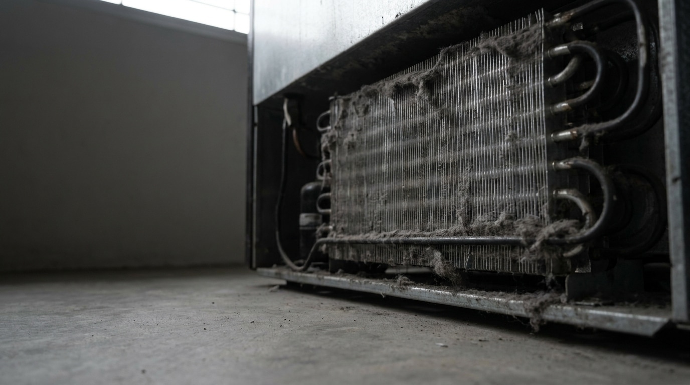 Dusty refrigerator coils on dirty concrete floor in dimly lit room