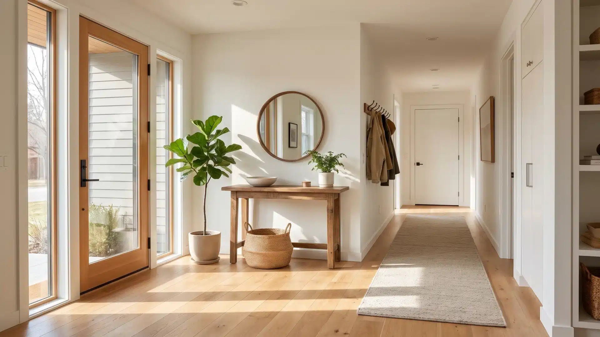 Bright hallway entry with south-facing window spreading natural sunlight.