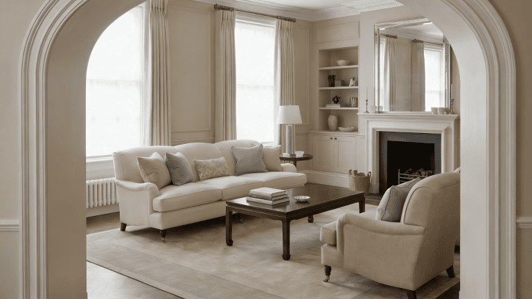 Formal drawing room with sofa armchairs and coffee table arranged for guests