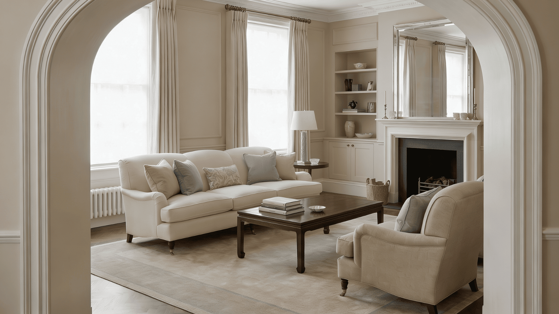 Formal drawing room with sofa armchairs and coffee table arranged for guests