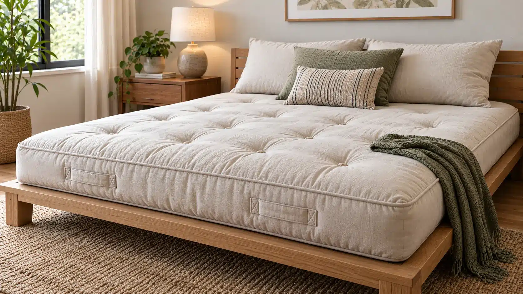 Futon mattress on a low wooden bed frame with tufted cushioning, neutral pillows, and natural bedroom styling