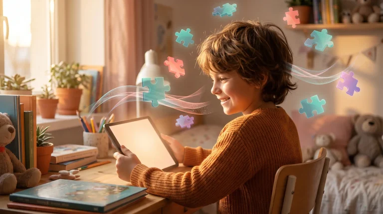 Child using tablet in cozy room with floating puzzle pieces and warm lighting