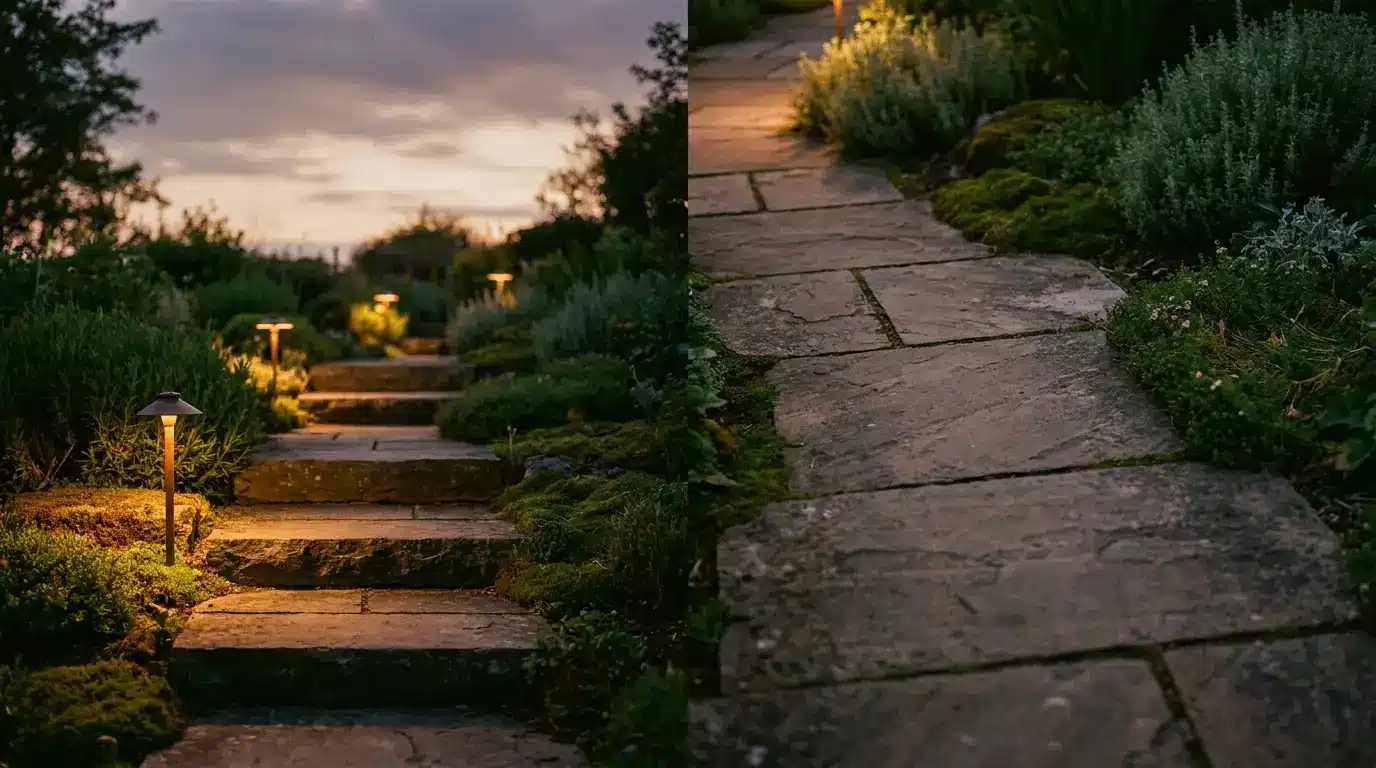 Stone garden pathway illuminated by warm lights at dusk with surrounding foliage