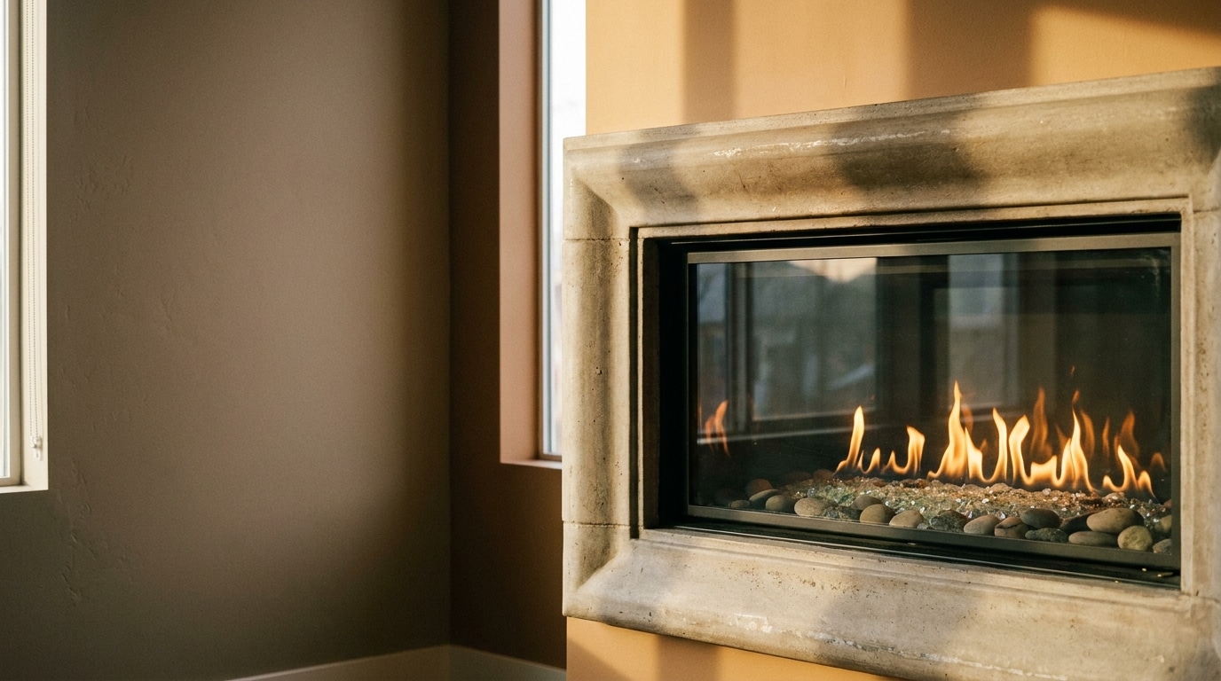 Modern gas fireplace with stone surround in cozy living room with natural light