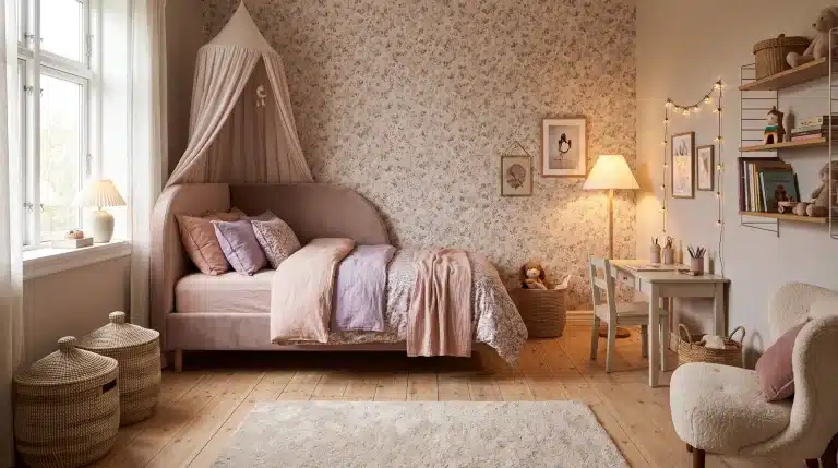 Small girl’s bedroom with pastel bedding, floral wallpaper, canopy bed, and compact furniture