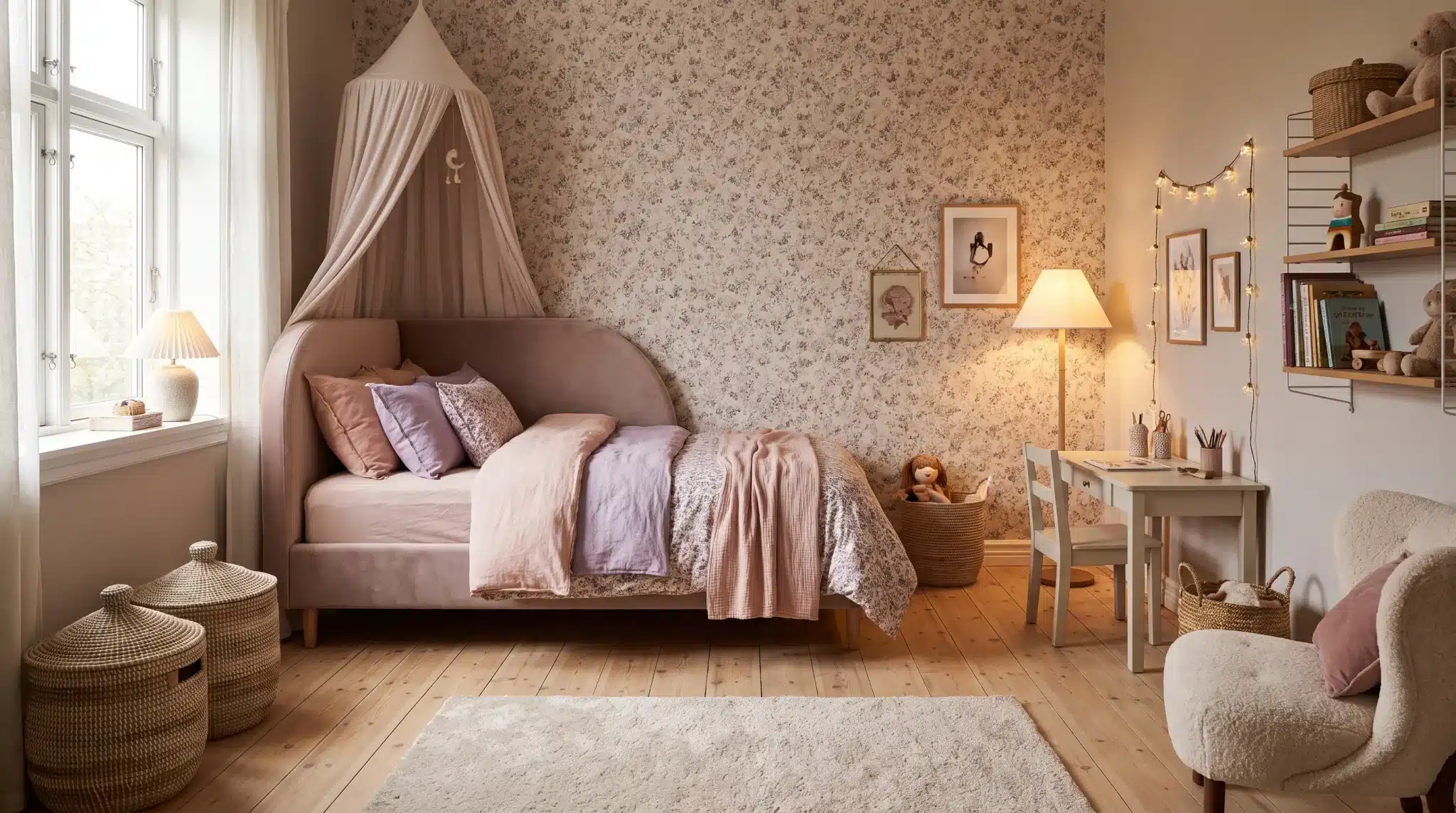Small girl’s bedroom with pastel bedding, floral wallpaper, canopy bed, and compact furniture