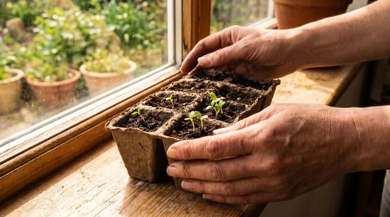 Seedlings in biodegradable pots on windowsill with hands tending them indoors