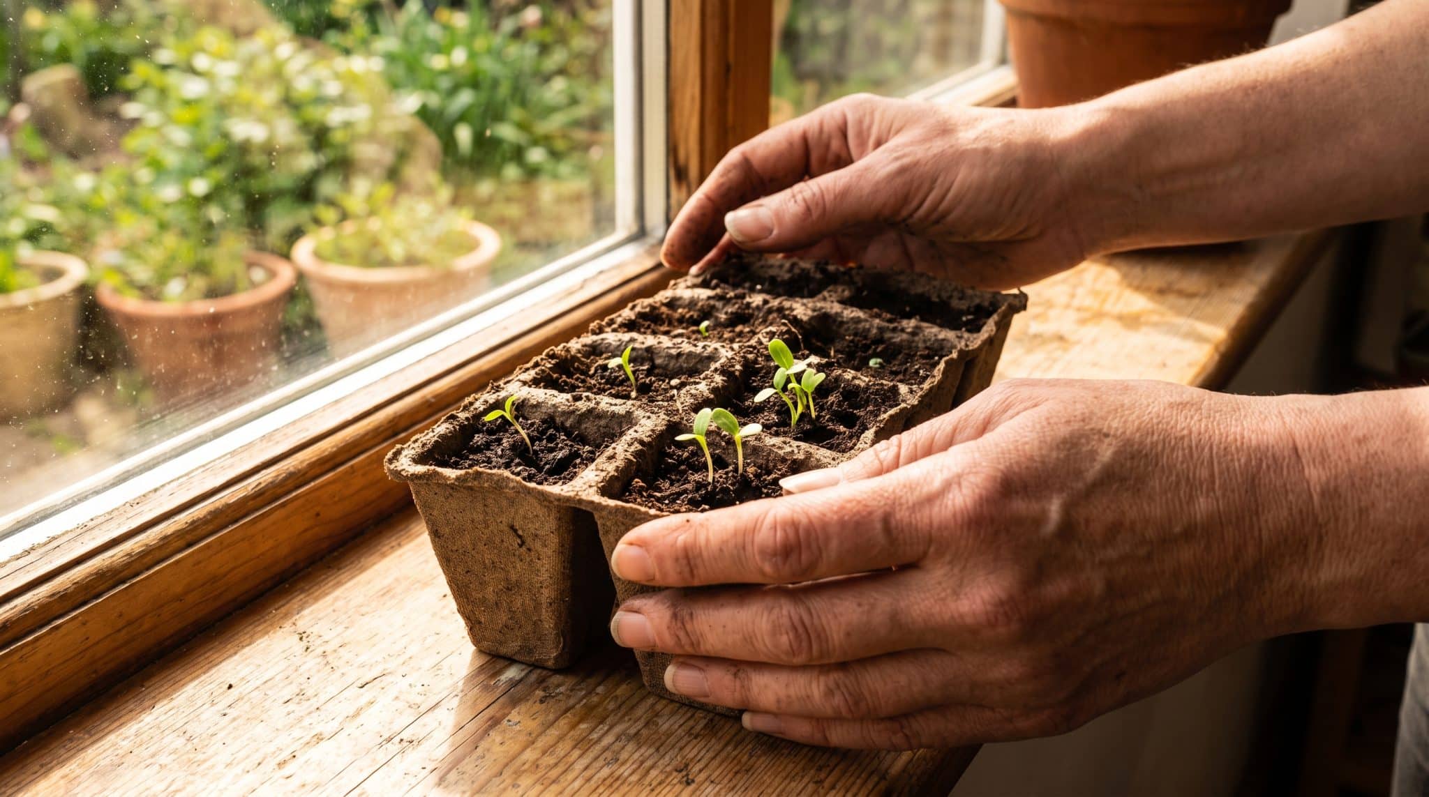 Seedlings in biodegradable pots on windowsill with hands tending them indoors