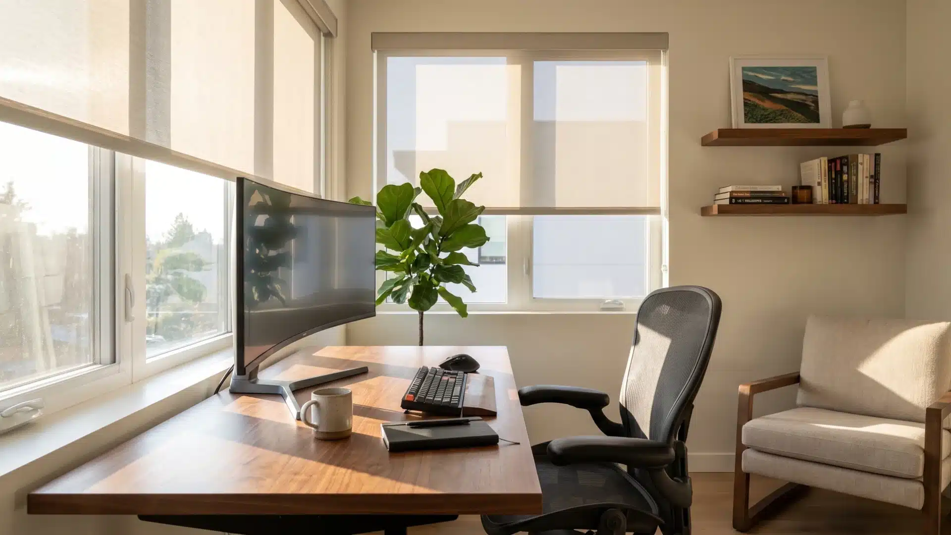 Home office with south-facing window, side lighting, and reduced monitor glare.