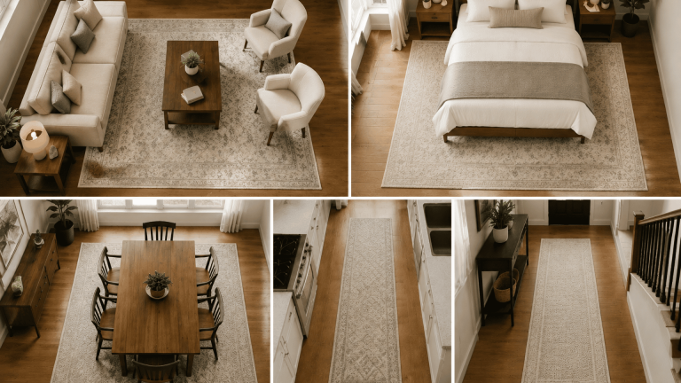 Standard rug sizes shown in living room, bedroom, dining room, and hallway layouts