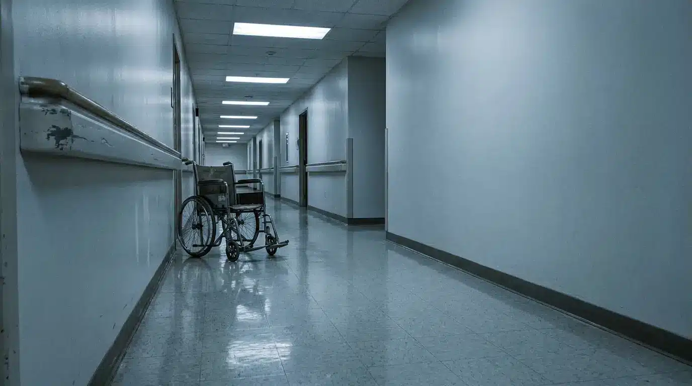 Wheelchair in a dimly lit hospital corridor with tiled floor and handrails