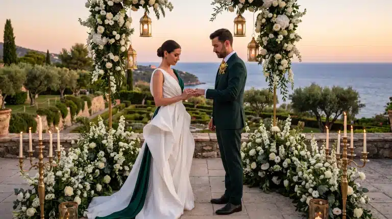 Bride and groom exchanging rings under floral arch at sunset in scenic outdoor setting