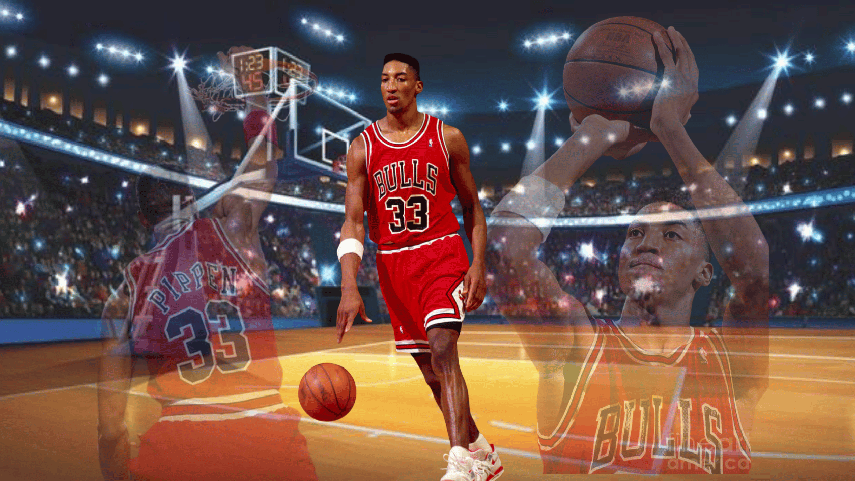 Scottie Pippen playing basketball in a Bulls jersey during his NBA career.