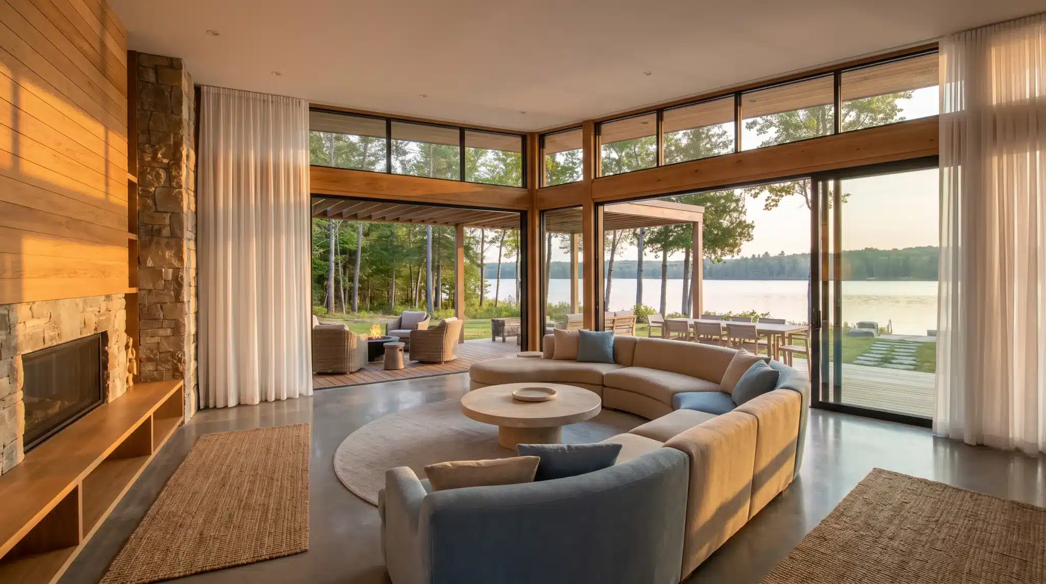 Spacious living room with curved sofa and large windows overlooking a lake and wooded area