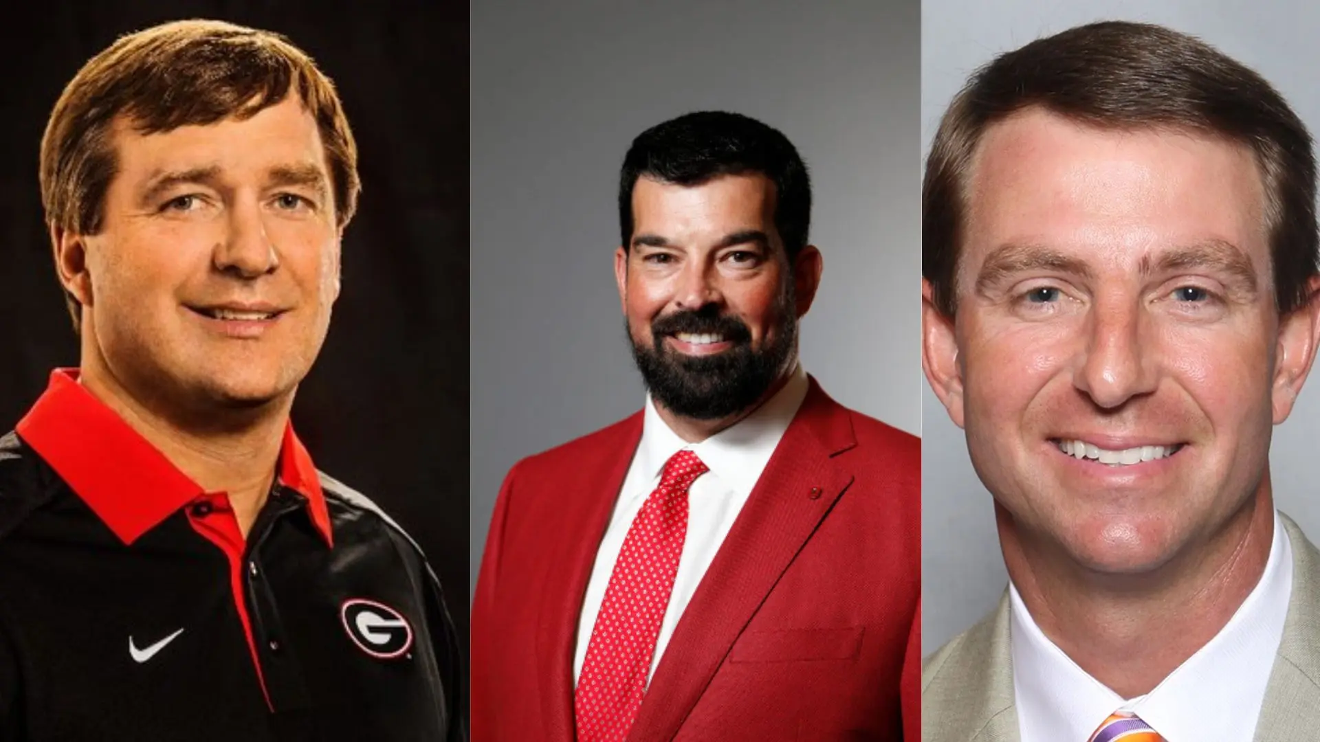 College football coaches Kirby Smart, Ryan Day, and Dabo Swinney compared alongside Deion Sanders.