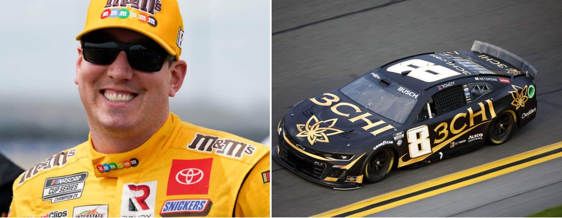 Kyle Busch in a yellow racing suit beside a black and gold No. 8 race car on the track.
