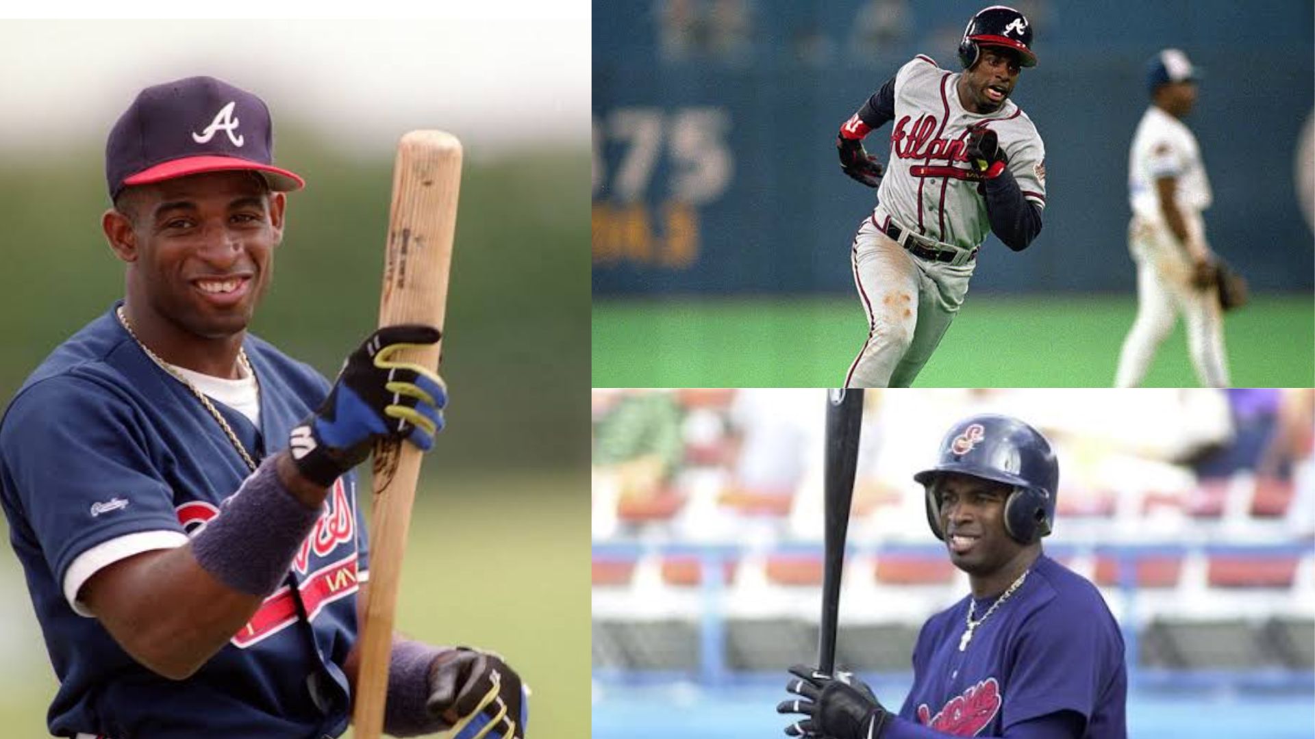 Deion Sanders wearing an Atlanta Braves uniform during his MLB career.