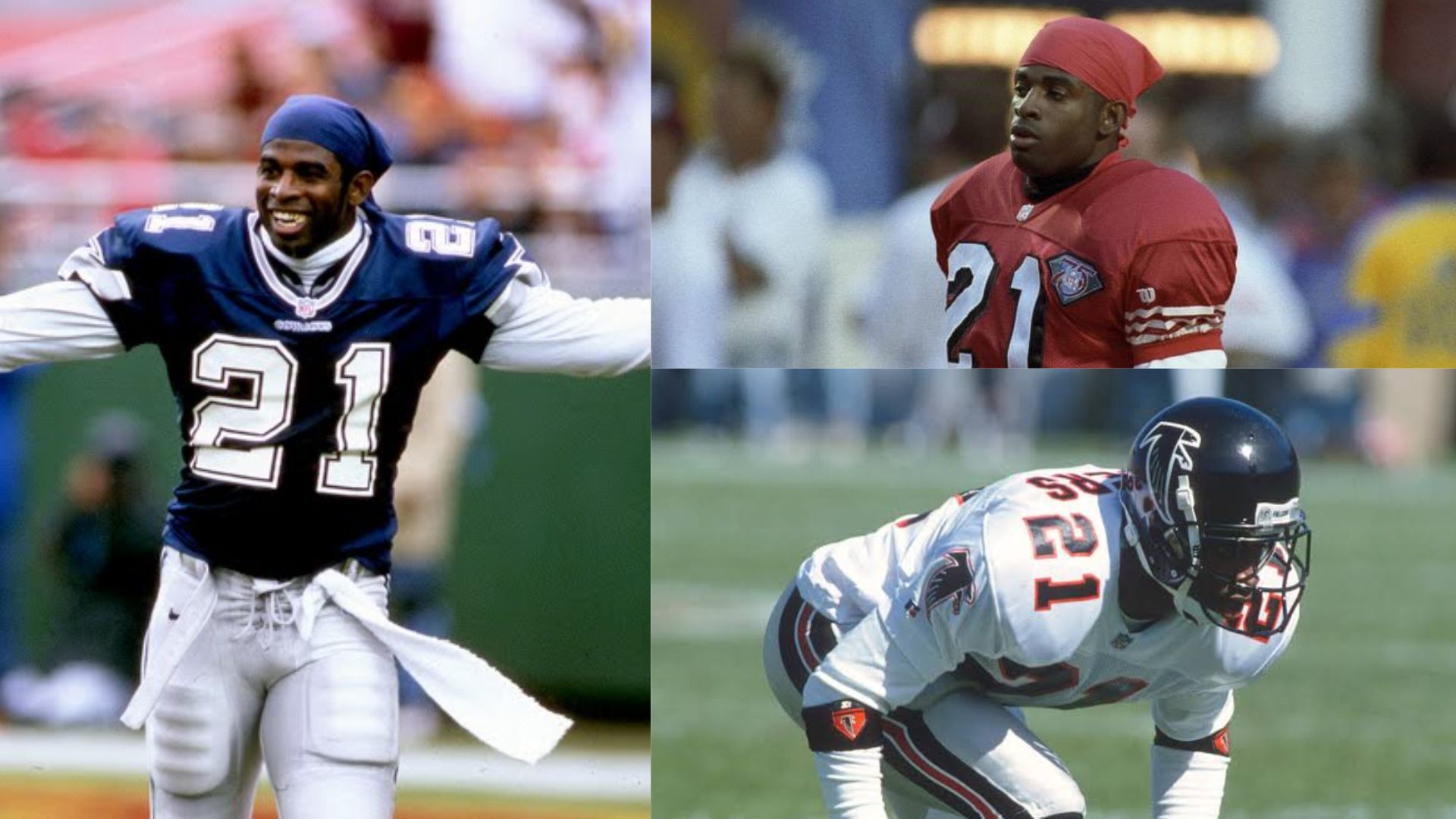 Deion Sanders playing in NFL uniforms during his professional football career.