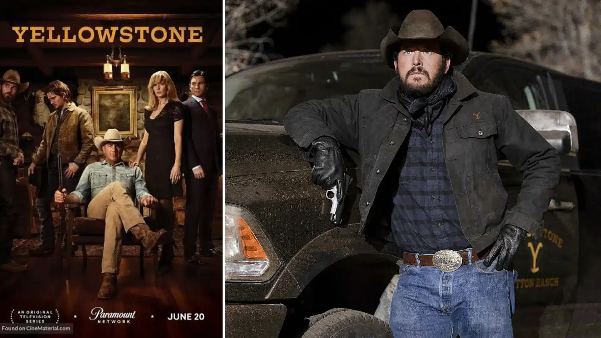 Cole Hauser in a black cowboy hat and jacket as Rip Wheeler on Yellowstone.