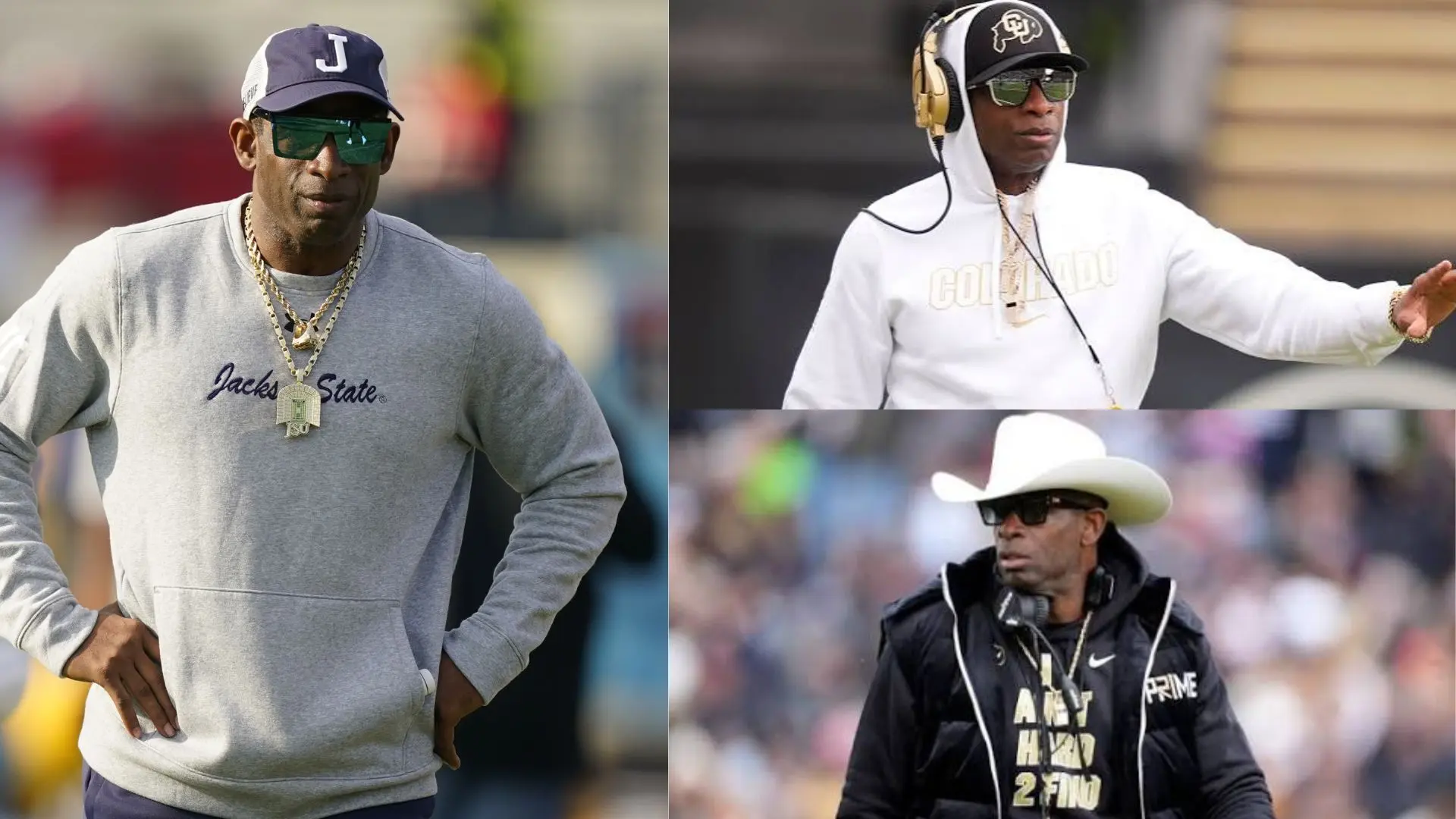 Deion Sanders on the sidelines as a college football coach wearing team apparel.