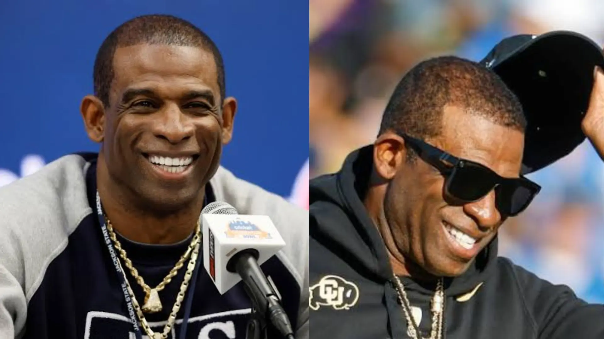 Deion Sanders smiling in a side-by-side image showing his football career and coaching role.