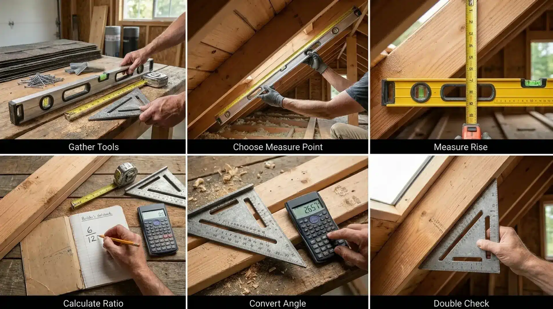 Roof pitch calculation steps showing tools, measurements, ratio, angle conversion, and final verification process.