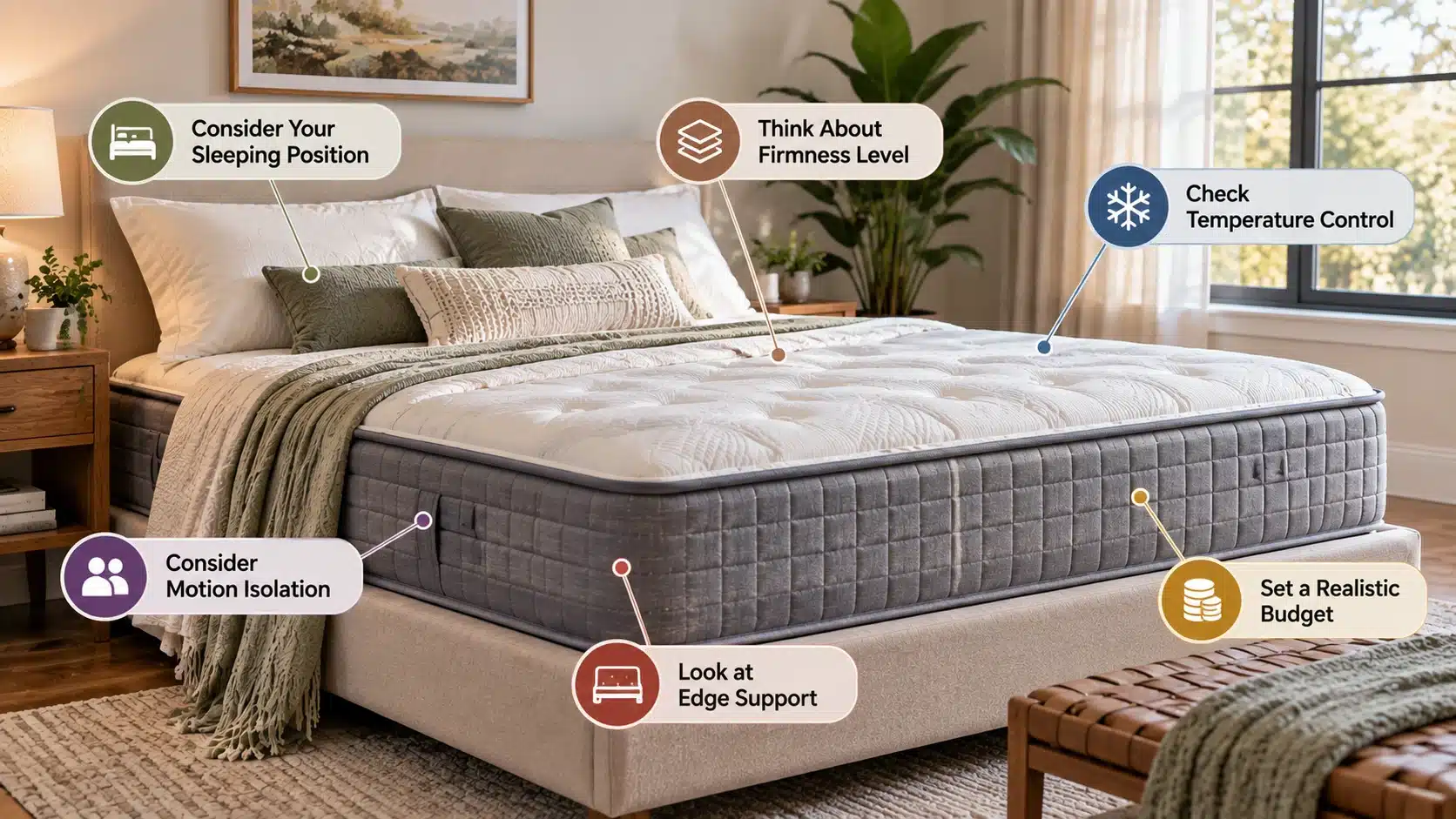 Mattress buying infographic showing sleep position, firmness, cooling, motion, edge support, and budget