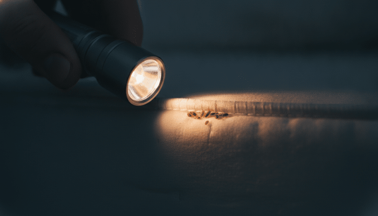 Hand holding flashlight illuminating bed bugs on mattress seam in dim light setting