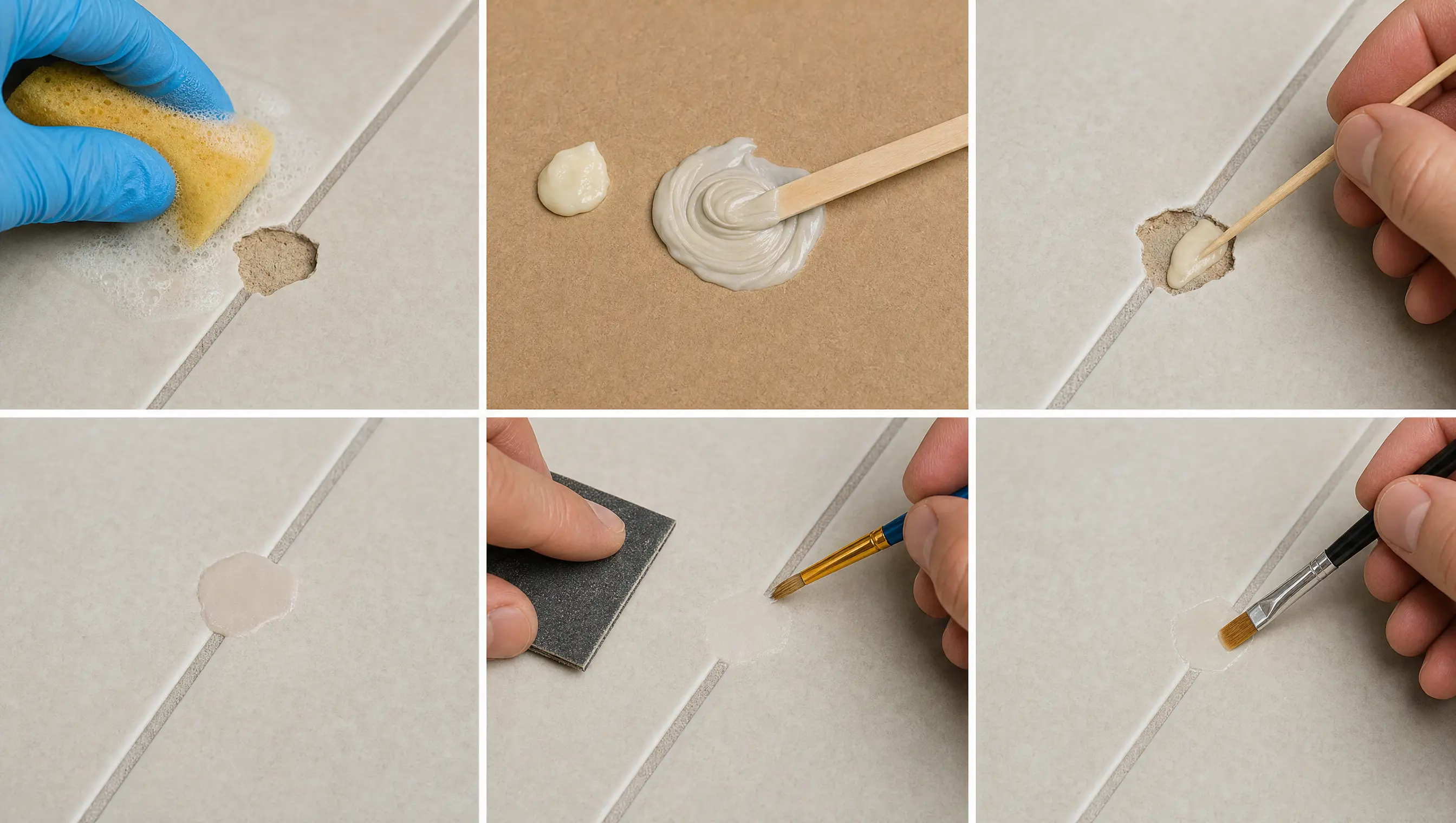 Six-step collage showing chipped tile repair with cleaning, epoxy mixing, filling, curing, sanding, painting, and sealing.